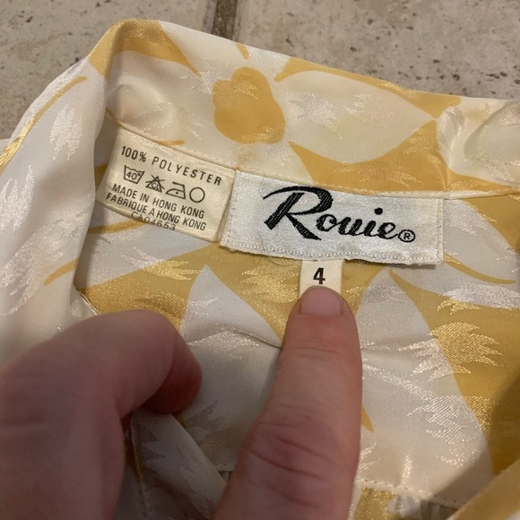 VINTAGE 80s Rouie Golden Floral Jacquard Midi Dress Tie Neck Puff Sleeve Size 4 - Picture 4 of 7